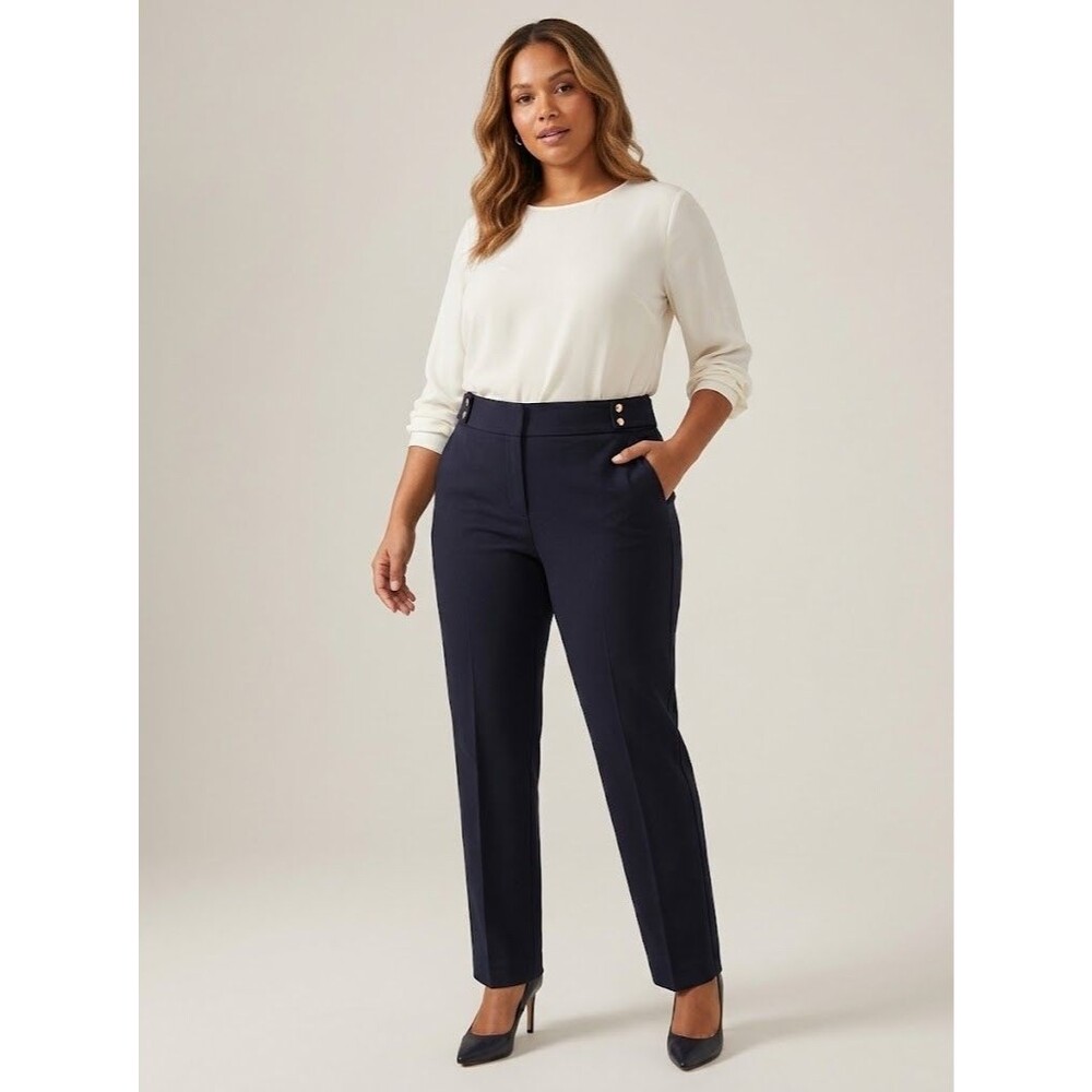 LOFT Marisa Fit Dark Navy Trousers Pants Gold Button Detail Size 12 Career NWT